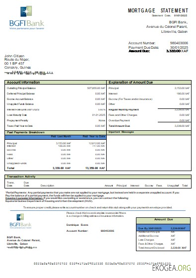 Guinée équatoriale BGFI Bank relevé hypothécaire scr